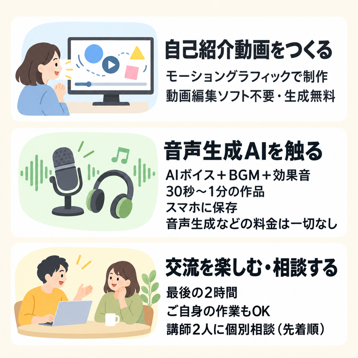 この日にできること。自己紹介動画はモーショングラフィックで制作し、動画編集ソフト不要・生成無料。音声生成AIではAIボイスとBGM・効果音を使って30秒〜1分の作品を作り、スマホに保存できます。音声生成などの料金は一切なし。最後の2時間は交流タイムで、ご自身の作業もでき、講師2人に個別相談できます（先着順）。