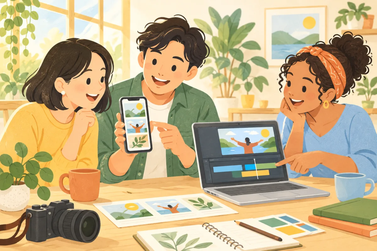 セミナーのイメージイラスト。スマートフォンを見ながら、動画づくりを一緒に楽しむ参加者たち